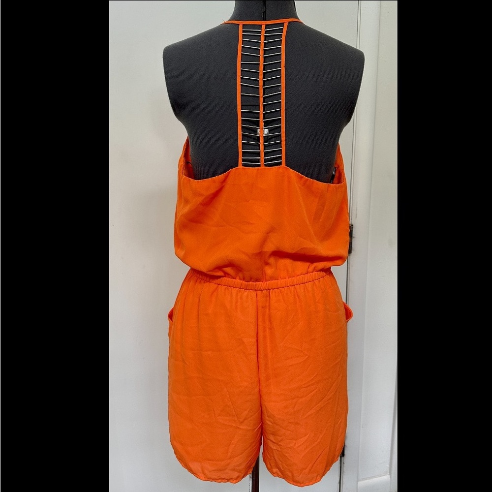 SEXY XOXO ORANGE SILKY CHIFFON SHORTS ROMPER HALTER SPAGHETTI STRAPS BEADED L - Picture 6 of 9